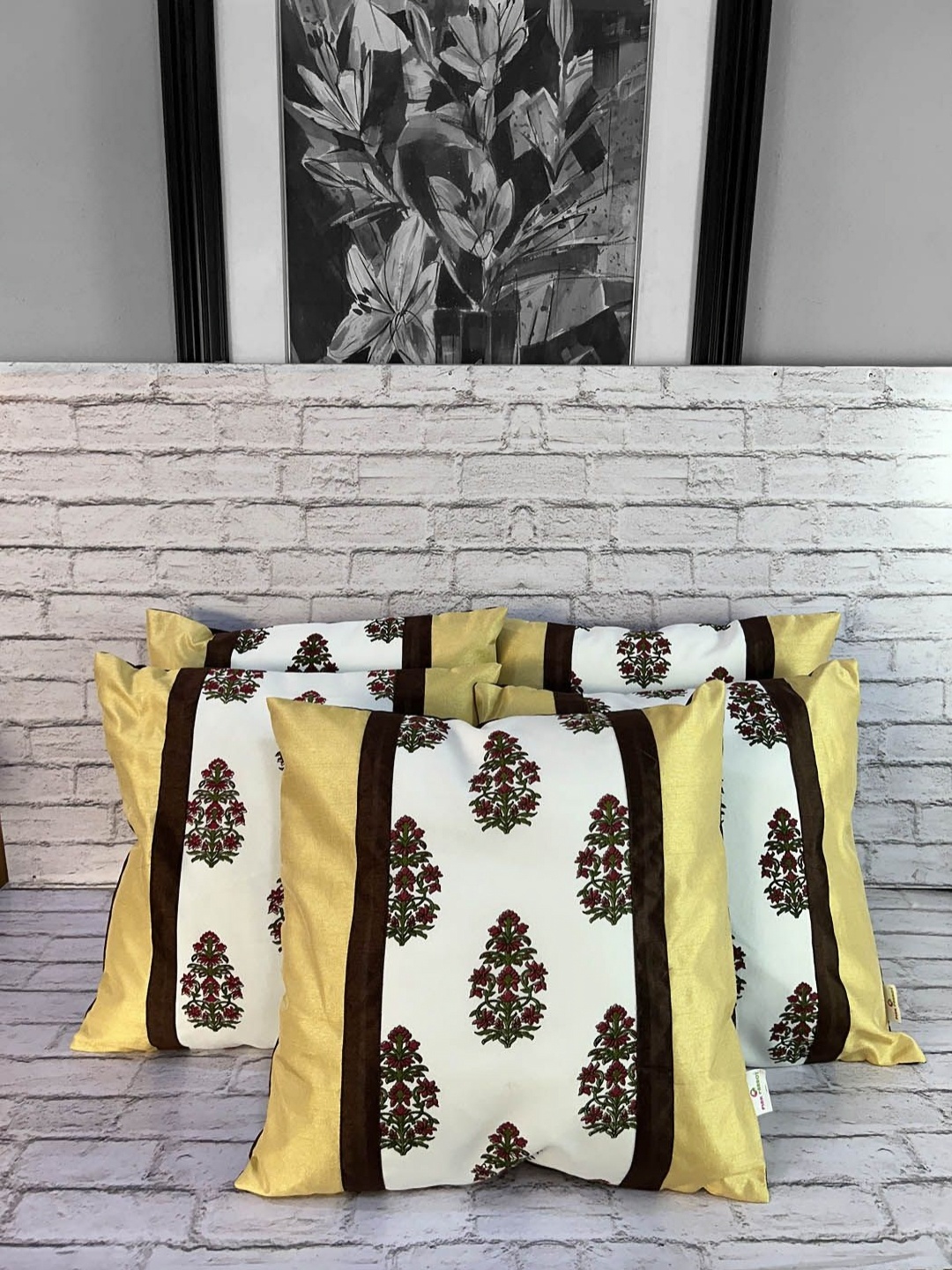 

Pink Parrot Off White & Gold-Toned 5 Pieces Floral Square Cushion Covers