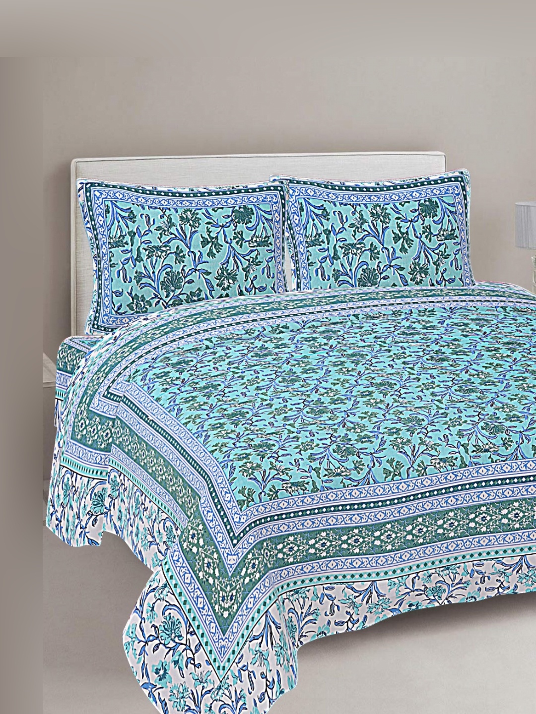 

FrionKandy Living Turquoise Blue Printed Cotton 180 TC King Bedsheet With 2 Pillow Covers