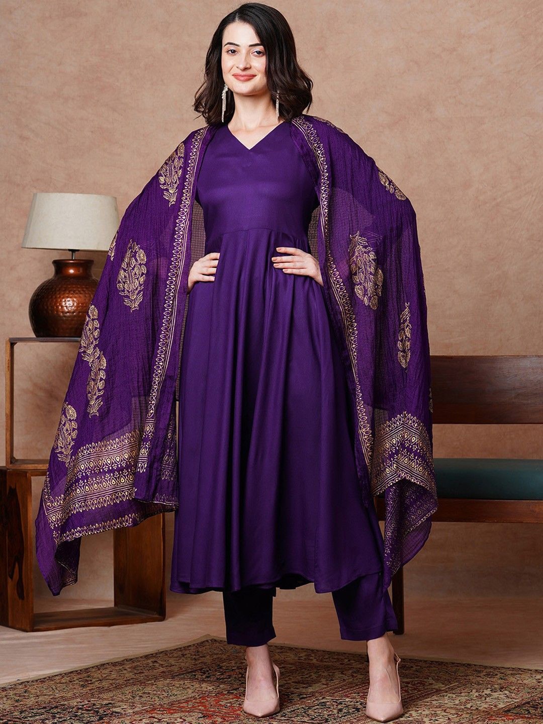 

Anni Designer V- Neck Anarkali Kurta with Trousers & Dupatta, Purple