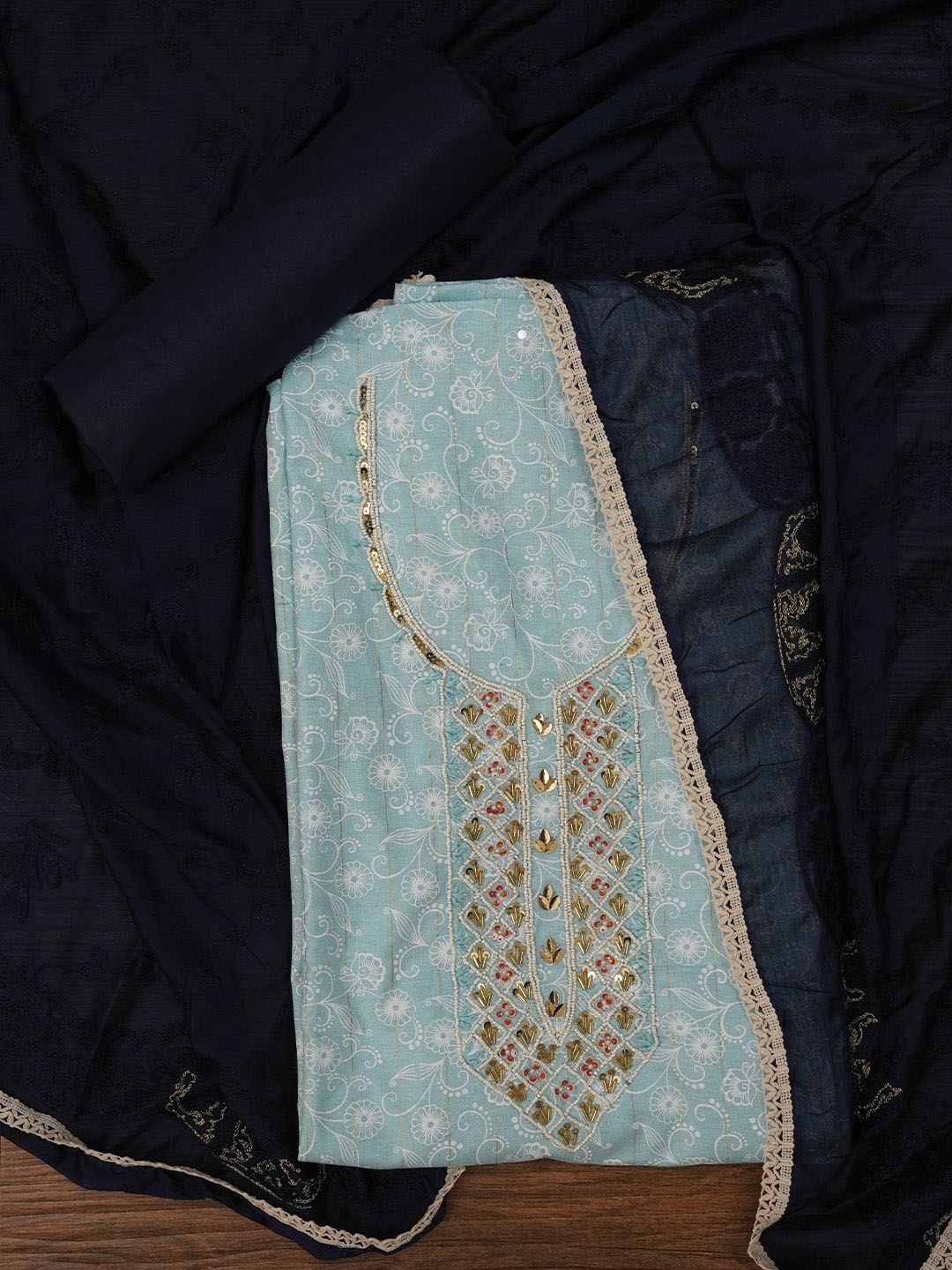 

Jaipur Kurti Zari Embroidered Cotton Dress Material with Dupatta, Blue