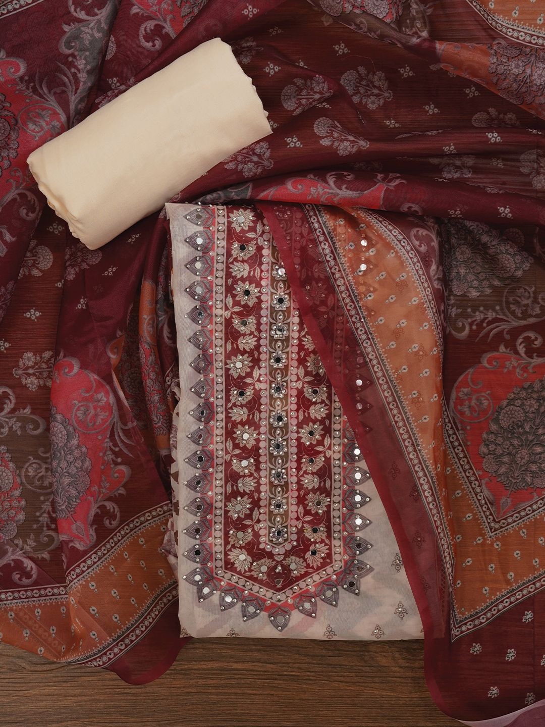 

Jaipur Kurti Floral Printed Organza Dress Material With Dupatta, Maroon