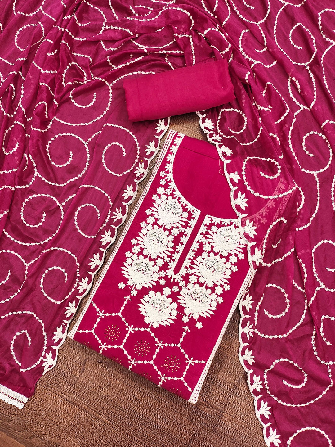 

KALINI Floral Embroidered Unstitched Dress Material, Pink