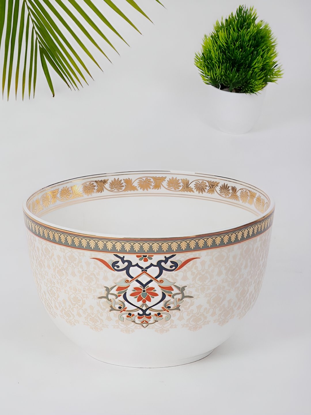 

Fabindia Jodha White & Beige Printed Ceramic Decaled Serving Bowl