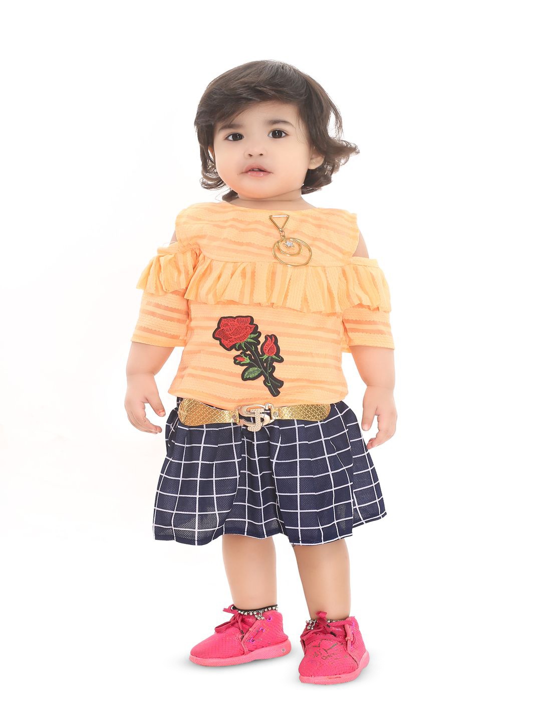 

BAESD Girls Stripe Self Designed Round Neck Cotton Blend Top with Skirt, Orange