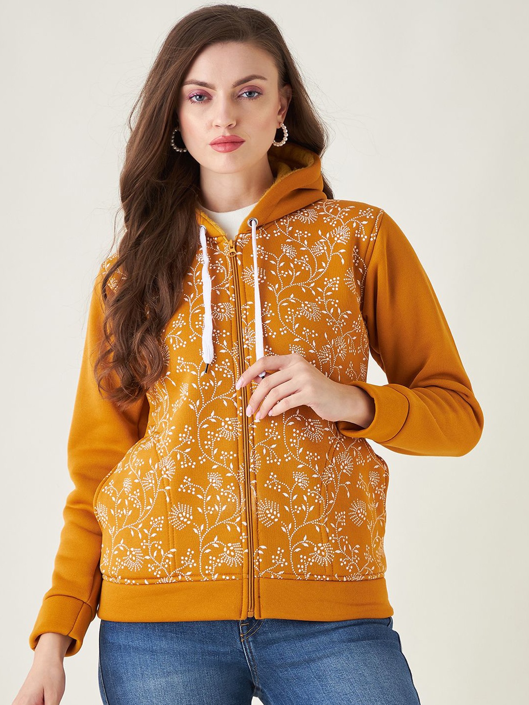 

PIVL Women Floral Printed Windcheater Hooded Jacket, Mustard