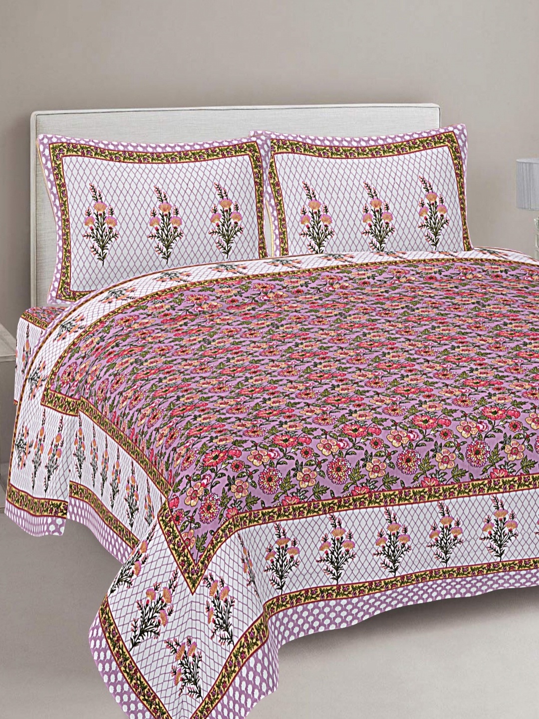 

FrionKandy Living Purple & White Printed Cotton 180 TC King Bedsheet With 2 Pillow Covers