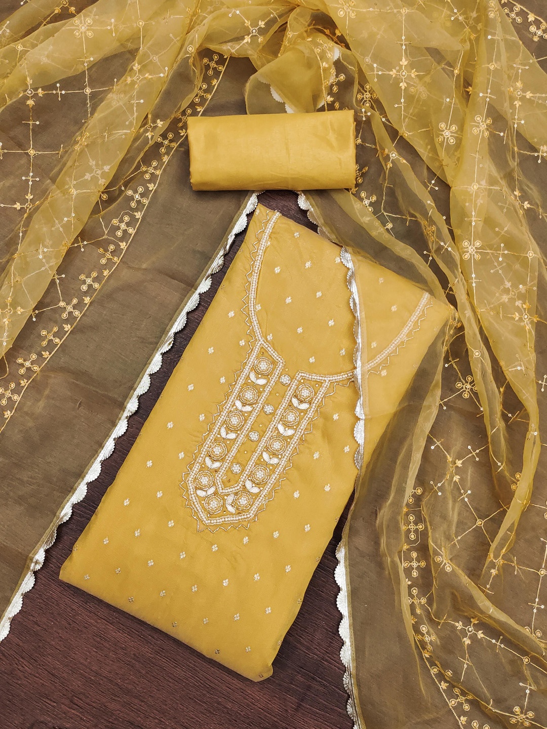 

KALINI Floral Embellished Beads and Stones Detail Organza Unstitched Dress Material, Yellow