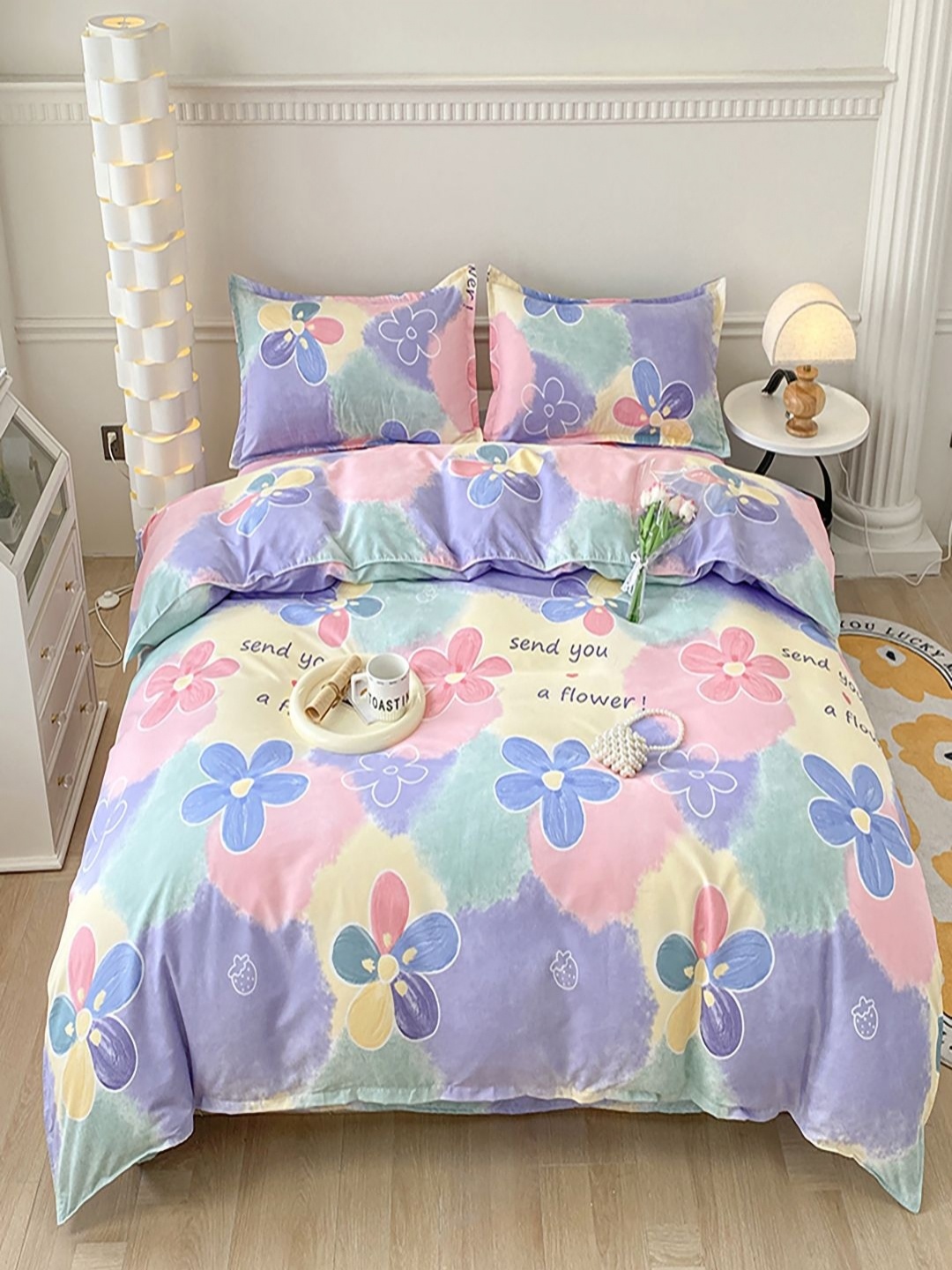 

JC HOME Blue & Green Floral Printed Single Regular Bedding Set