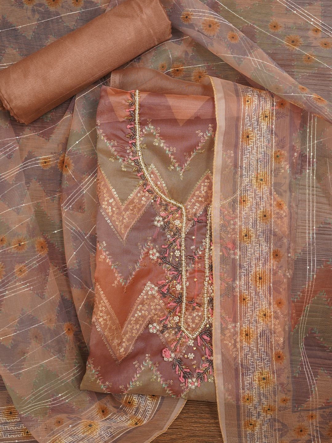 

Jaipur Kurti Sequin Embroidered Organza Dress Material with Dupatta, Beige
