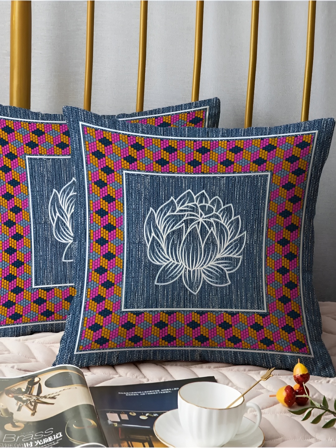

LIVING ROOTS Blue & Pink 8 Pieces Ethnic Motifs Printed Cotton Diwan Set