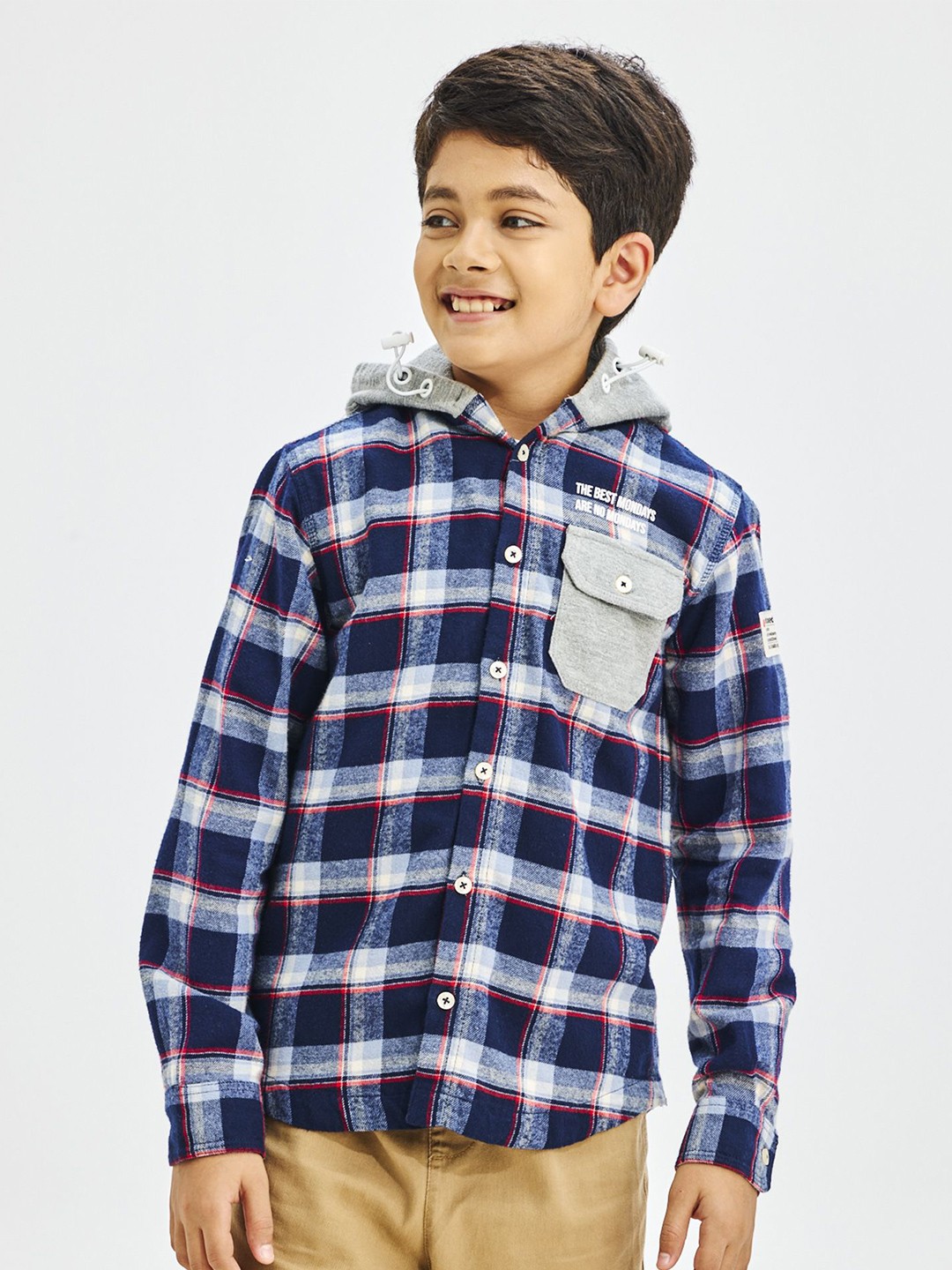 

NO MONDAYS Boys Relaxed Hood Checked Cotton Casual Shirt, Navy blue