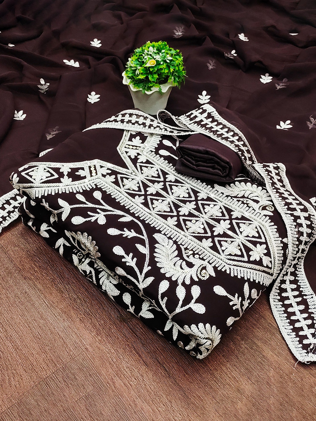 

Maroosh Ethnic Motifs Embroidered Sequinned Unstitched Dress Material, Brown