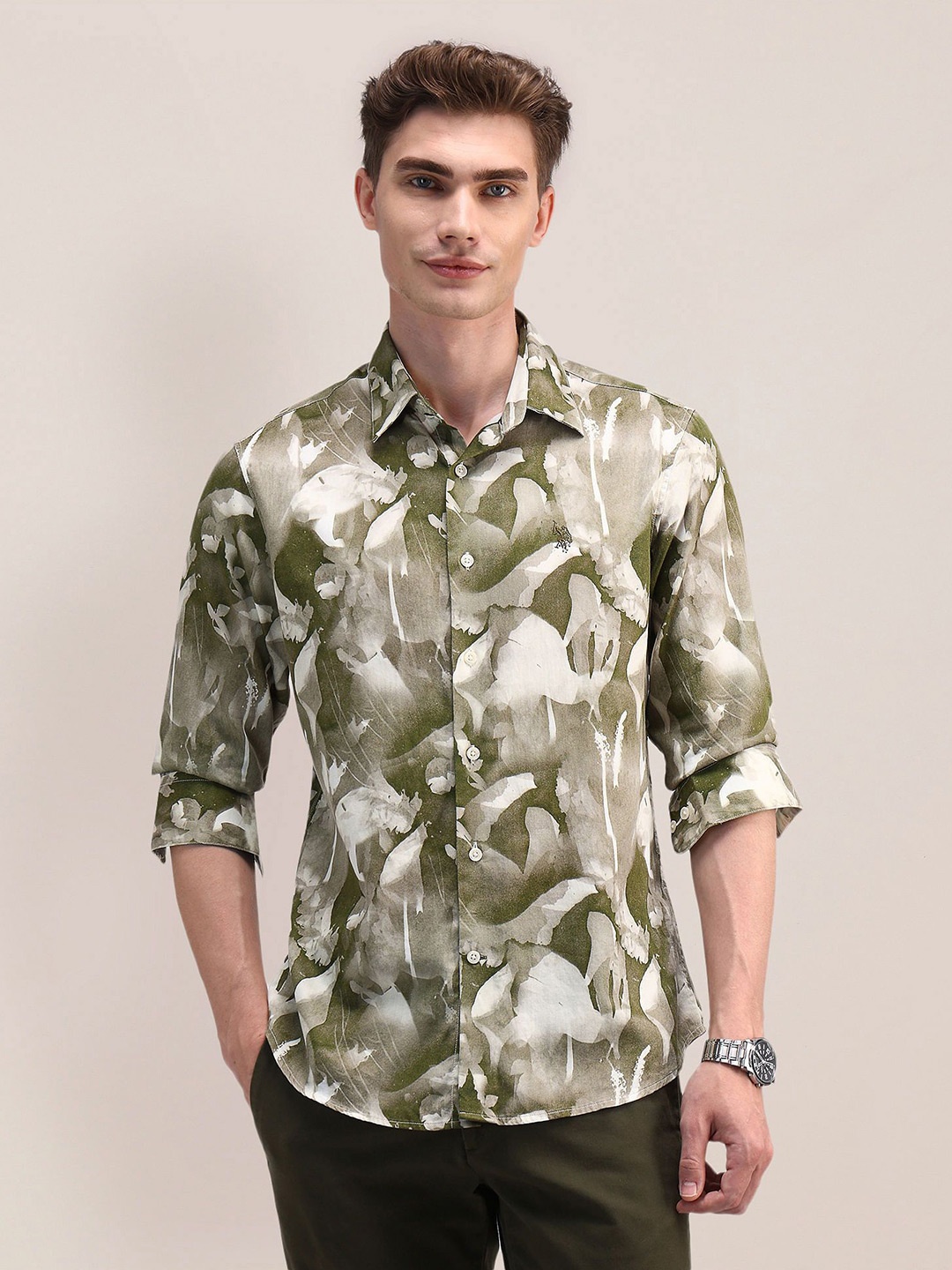 

U.S. Polo Assn. Men Classic Opaque Printed Casual Shirt, Olive