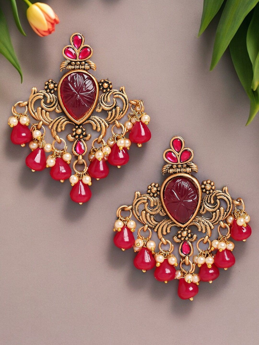 

Anouk Floral Kundan Studded Drop Earrings, Maroon