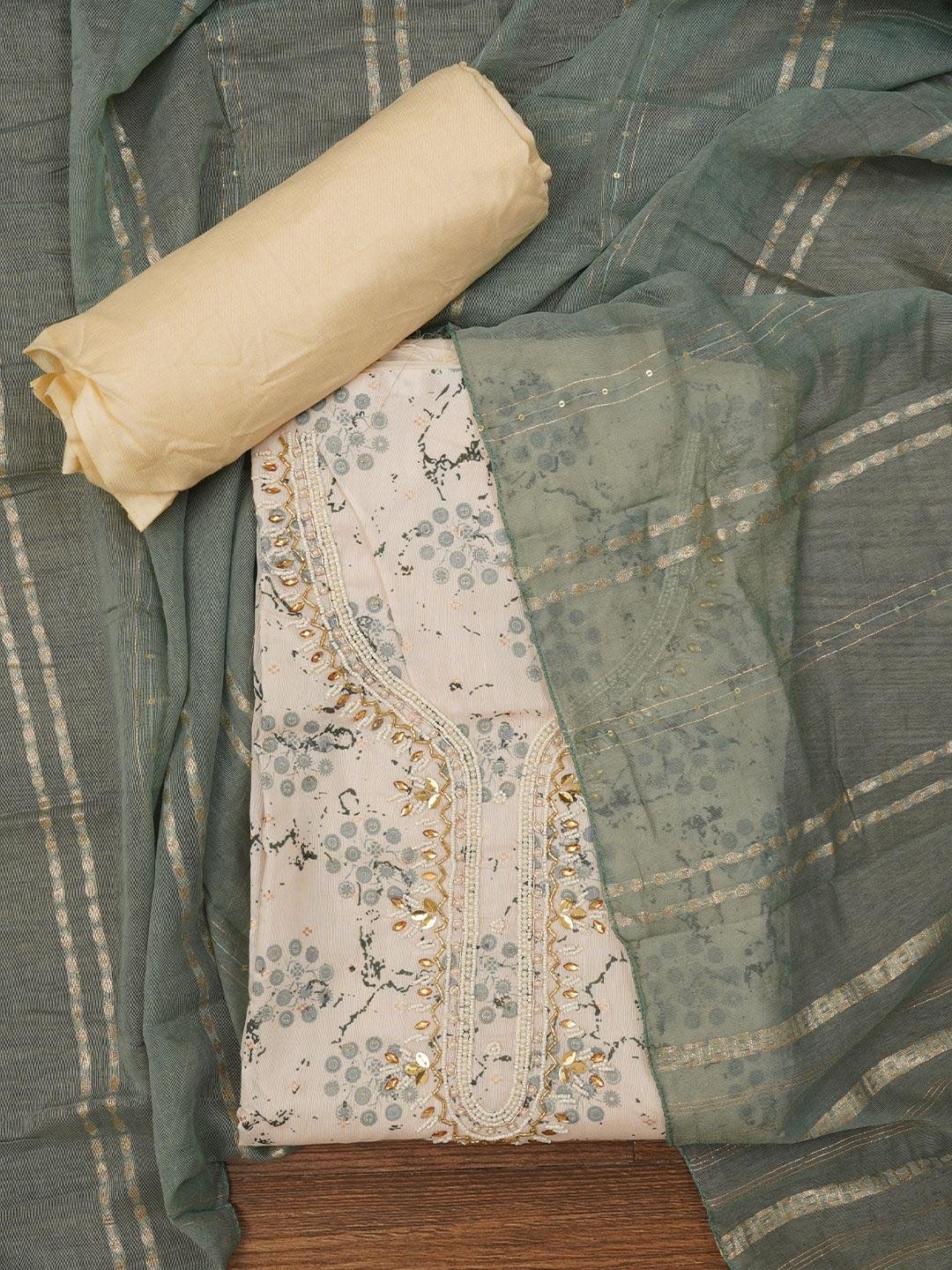 

Jaipur Kurti Unstitched Embellished Cotton Blend Dress Material with Dupatta, Beige
