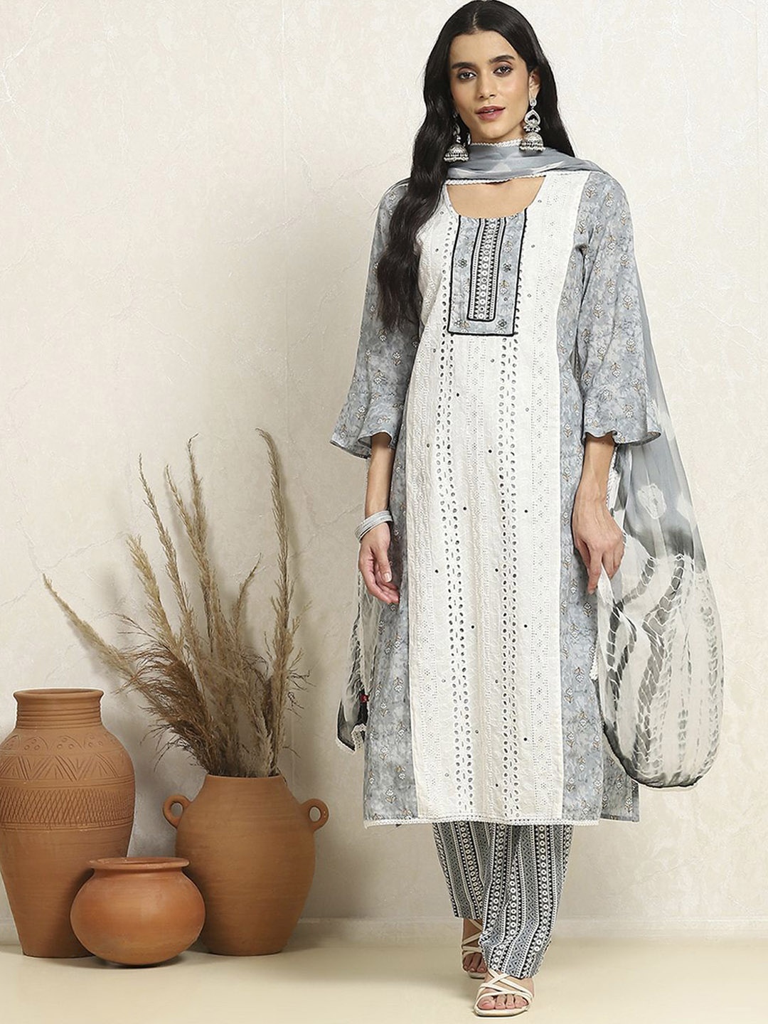 

Biba Pure Cotton Embellished Unstitched Dress Material, Grey