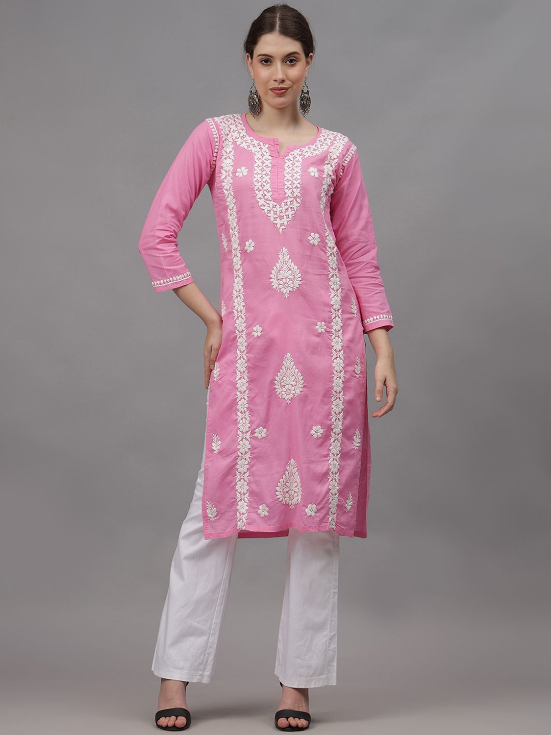 

Seva Chikan Cotton Ethnic Motifs Embroidered Chikankari straight Kurta, Pink