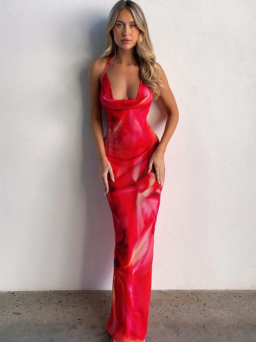 

LULU & SKY Printed Halter Neck Backless Maxi Dress, Red