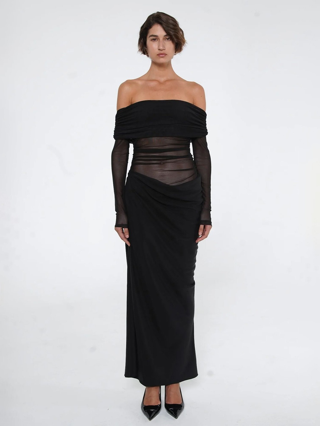 

LULU & SKY Women Solid Off-Shoulder Maxi Dress, Black