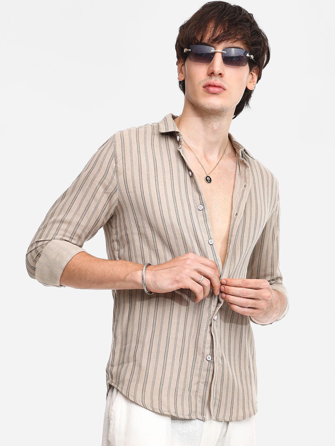 

Campus Sutra Men Comfort Spread Collar Striped Cotton Casual Shirt, Beige