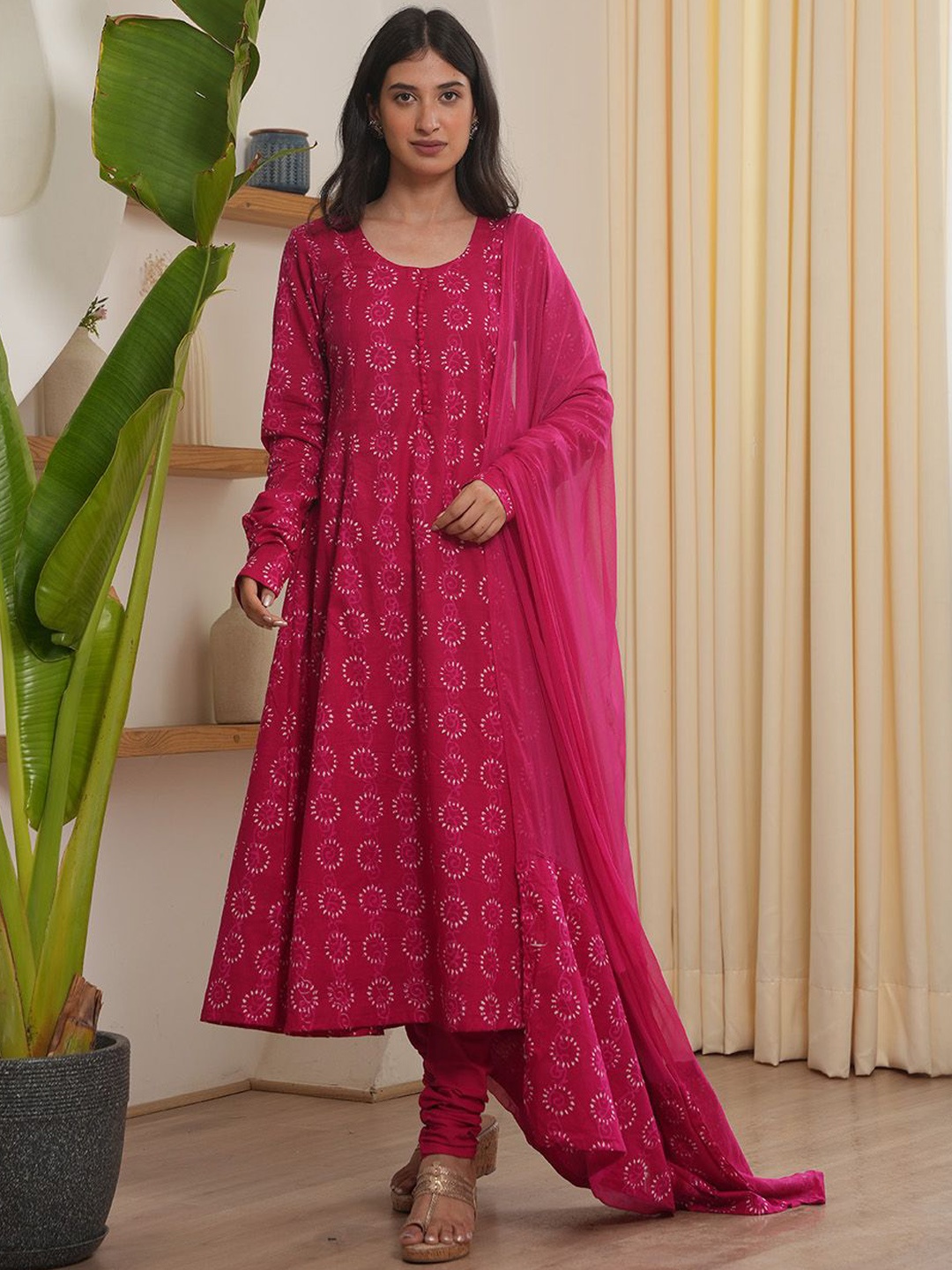 

OneWe Amira Floral Printed Pure Cotton A-Line Kurta With Churidar & Dupatta, Pink