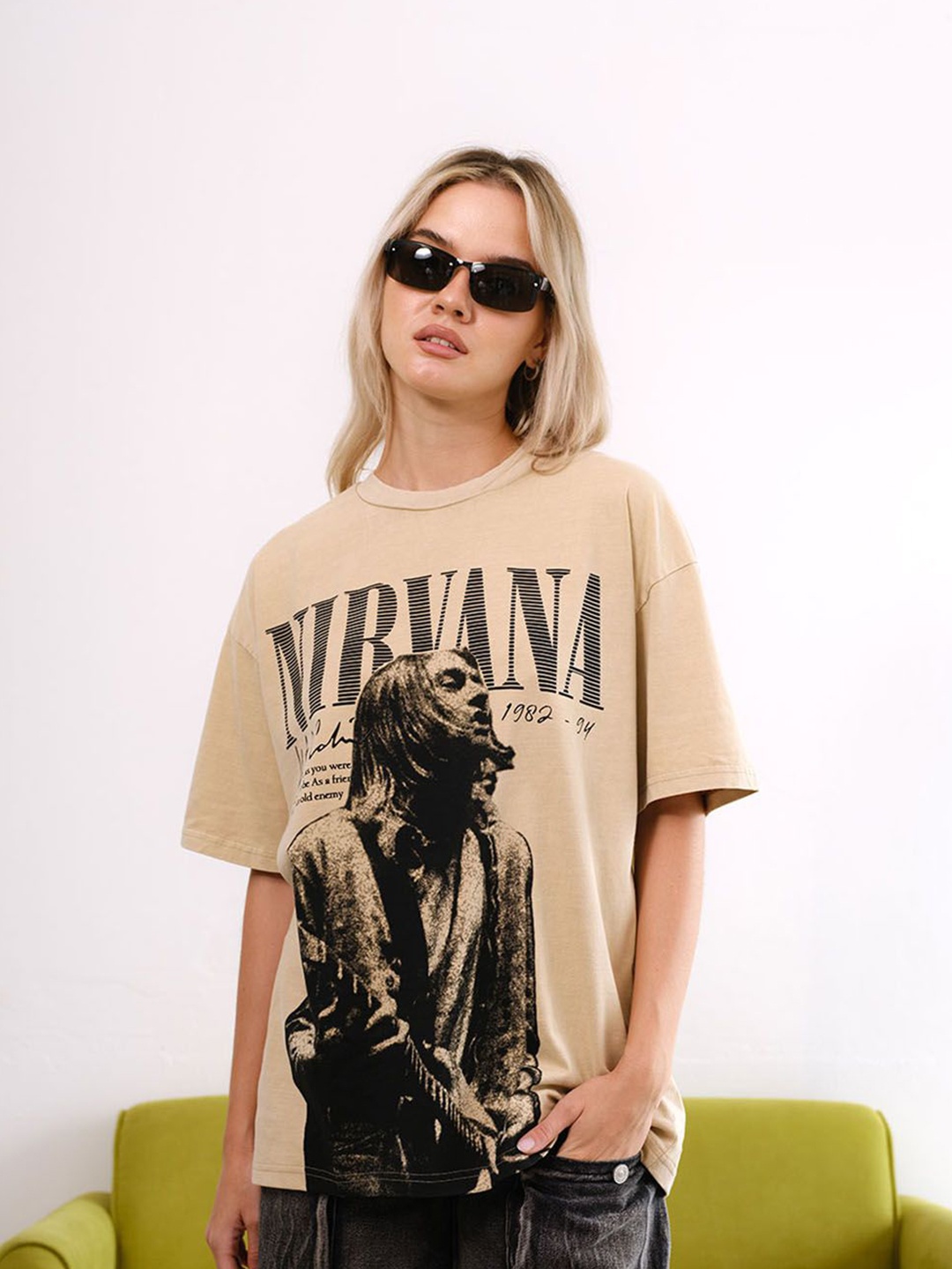 

Bonkers Corner Women Graphic Printed Round Neck Cotton Oversized T-shirt, Beige