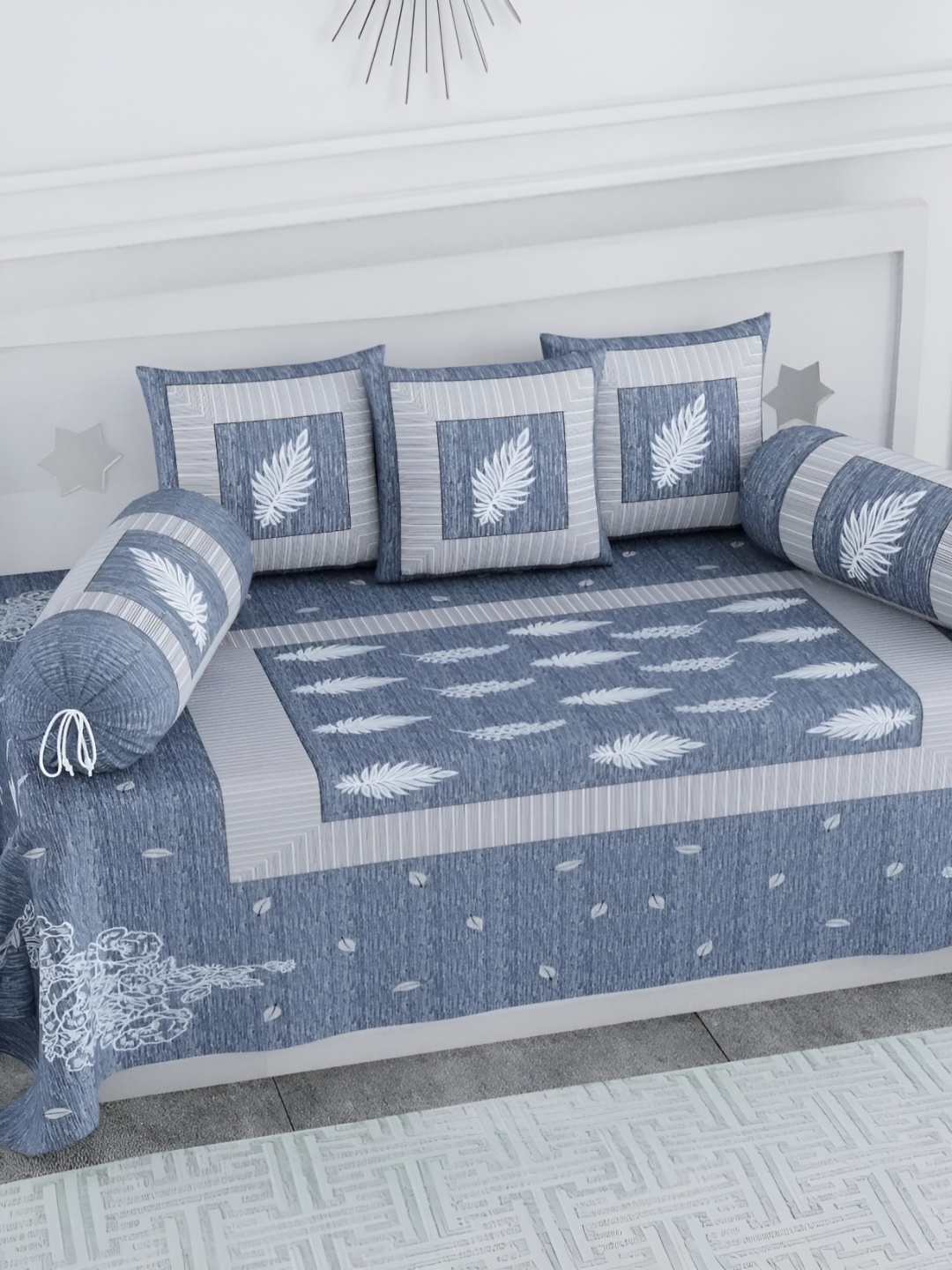 

LIVING ROOTS Brown & White 8 Pieces Ethnic Motifs Printed Cotton Diwan Set, Blue