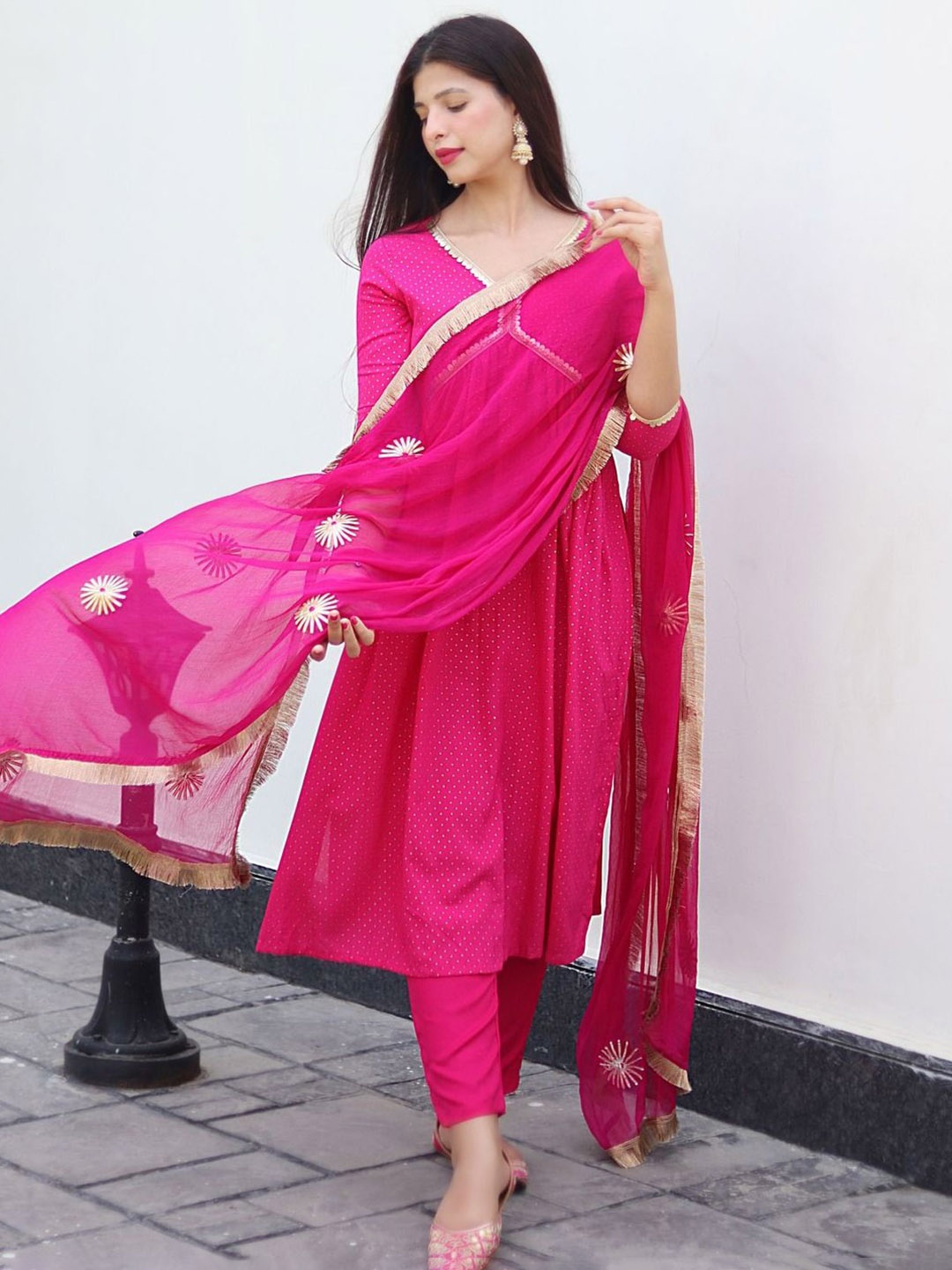 

GoSriKi Printed Empire Mirror Work Kurta with Trousers & Dupatta, Pink