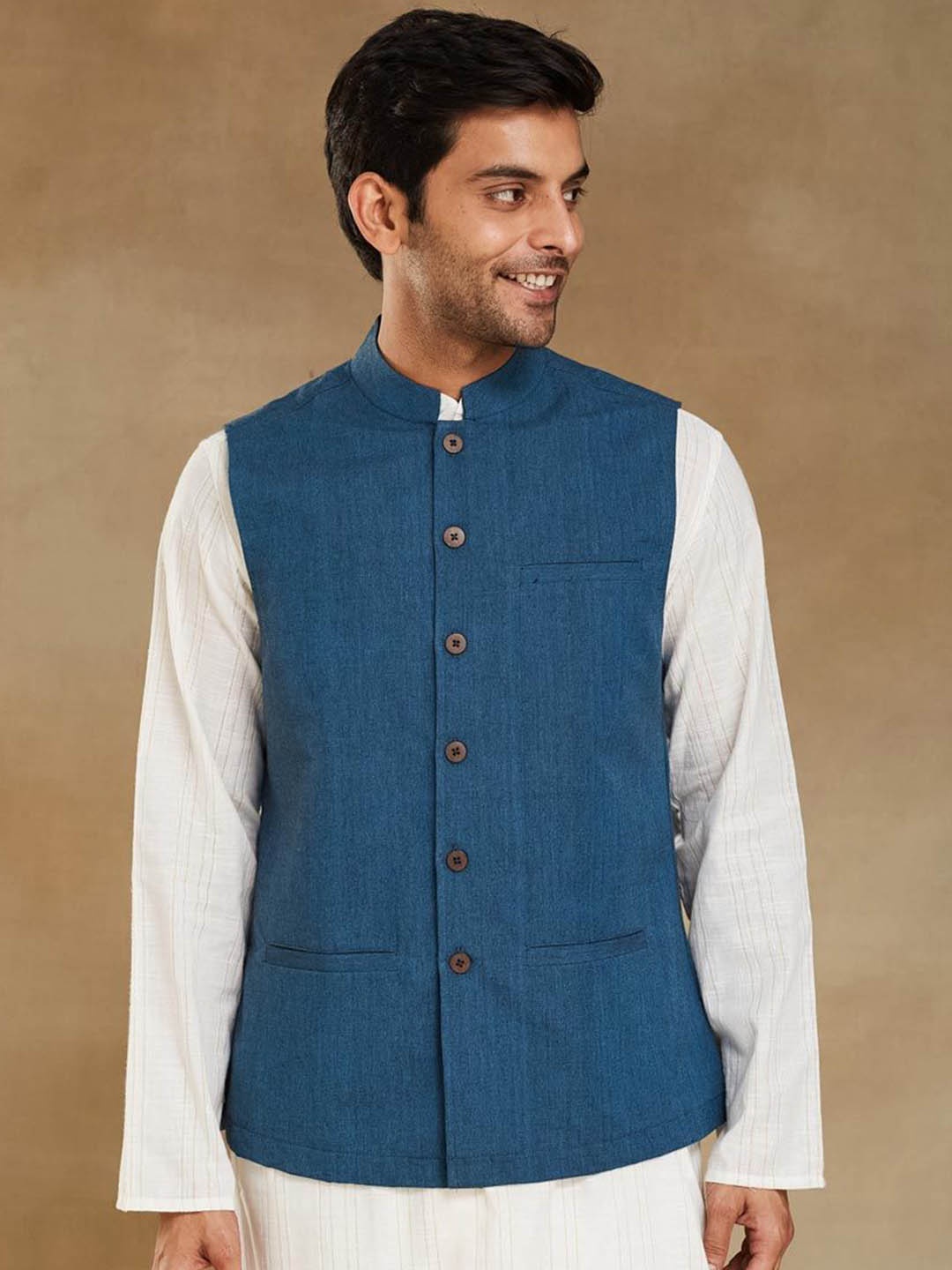 

Fabindia Men Solid Mandarin Collar Pure Cotton Nehru Jacket, Blue