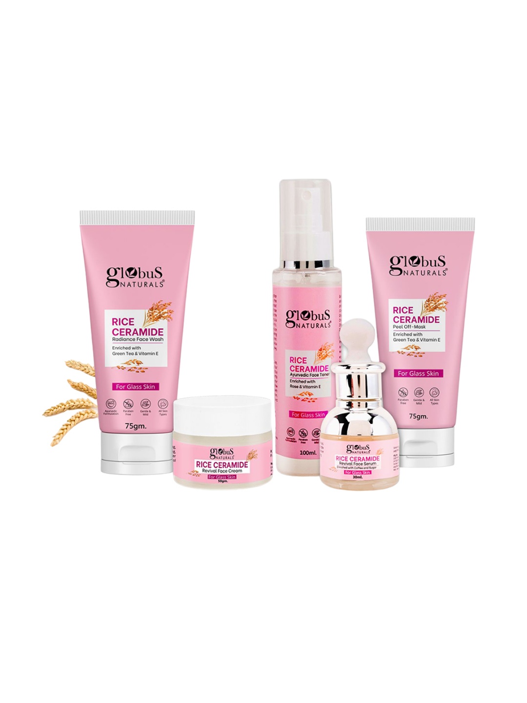 

Globus naturals Set Of 5 Rice Ceramide Face Wash -Serum -Cream -Toner & Peel-Off Mask, White