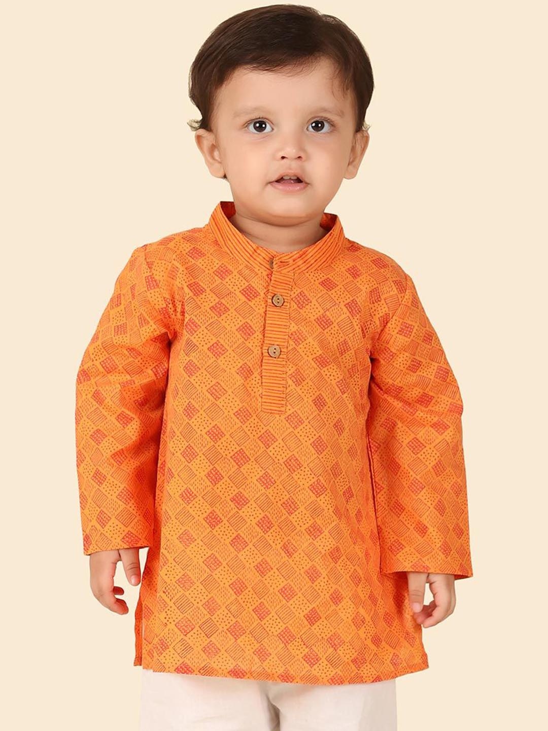 

Fabindia Boys Geometric Printed Band Collar Cotton Straight Short Kurta, Orange