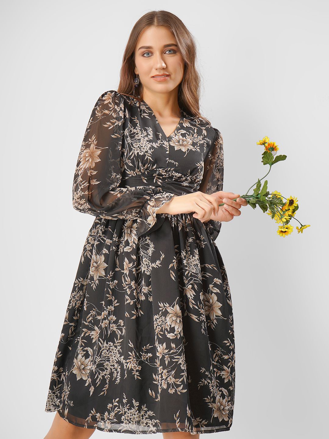 

angloindu Floral Print Puff Sleeve Georgette Dress, Black