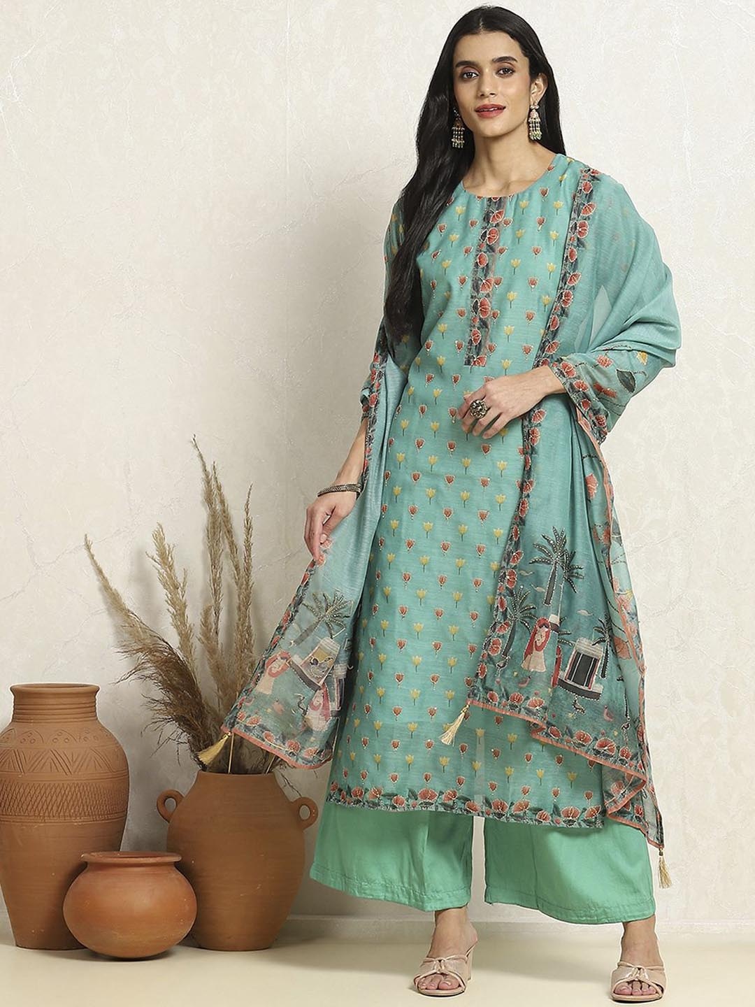 

Biba Floral Printed Unstitched Dress Material, Sea green