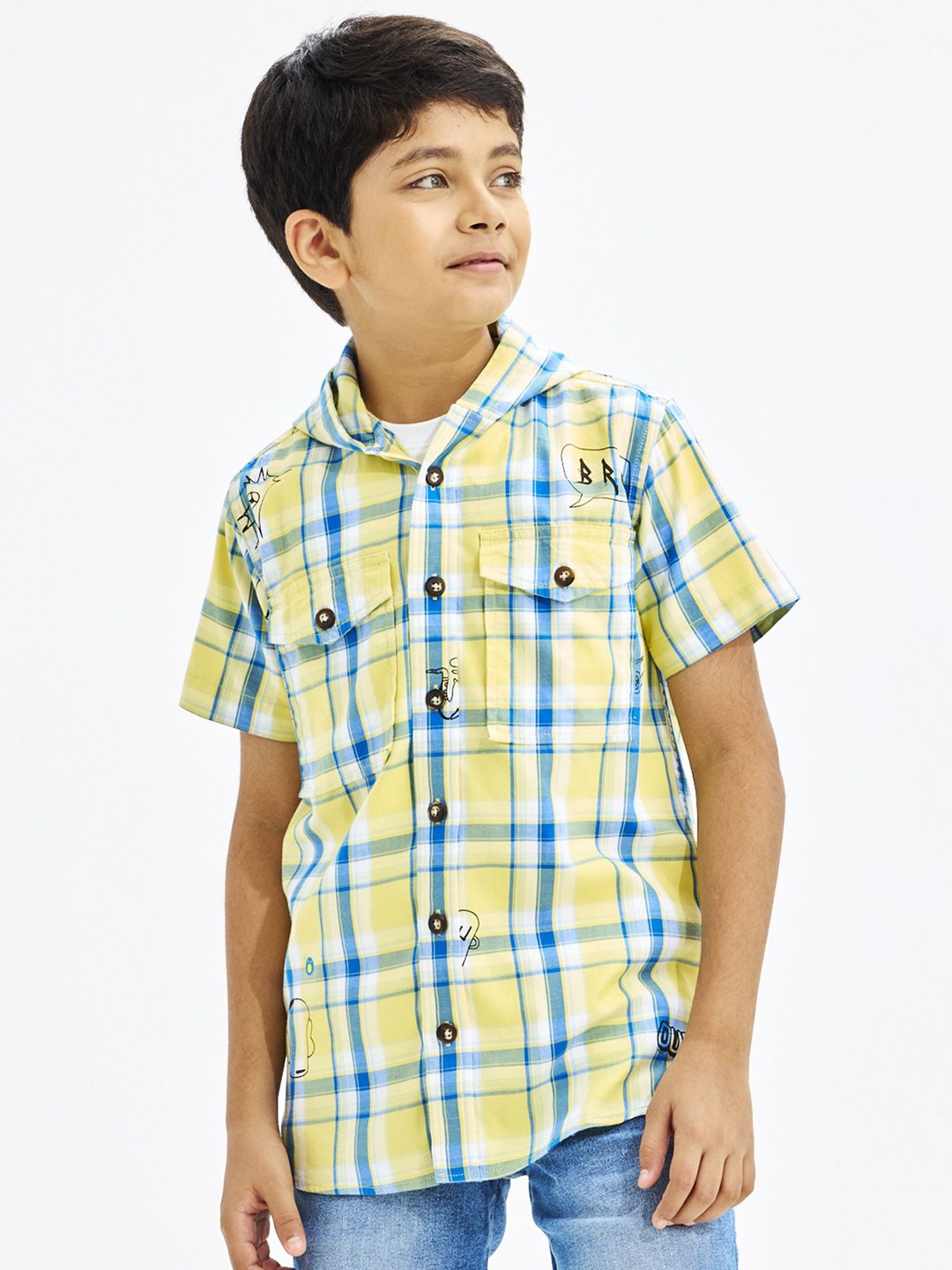 

NO MONDAYS Boys Relaxed Hood Tartan Checked Cotton Casual Shirt, Yellow