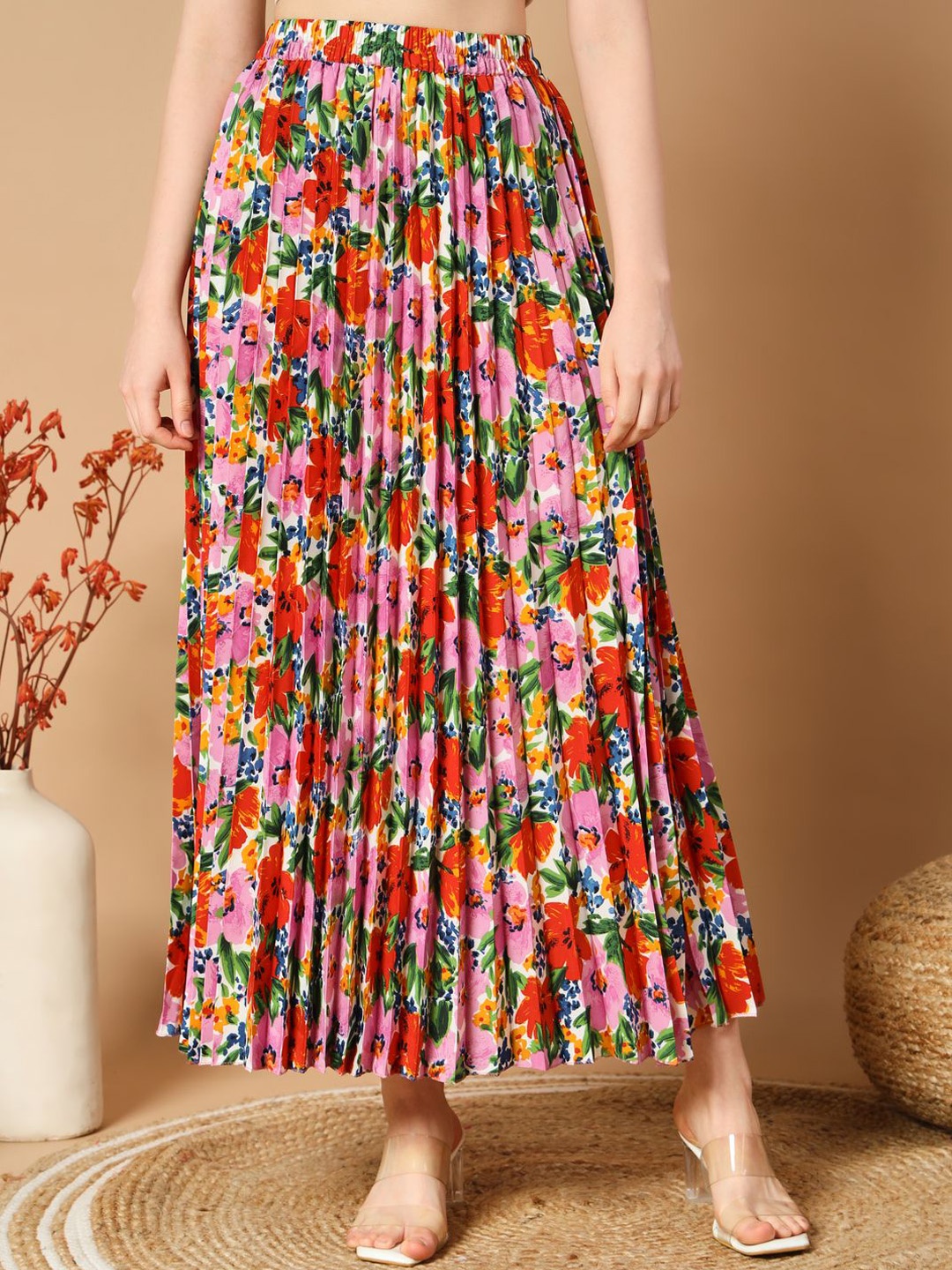 

OTABU Floral Printed Accordion Pleats A-line Maxi Skirts, Pink