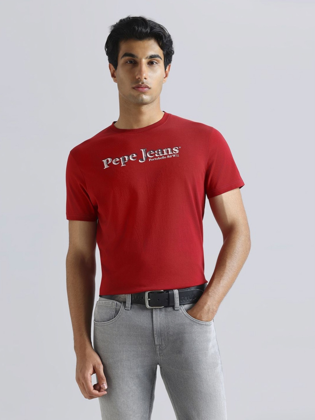 

Pepe Jeans Men Typography Printed Round Neck Pure Cotton Slim Fit T-shirt, Red