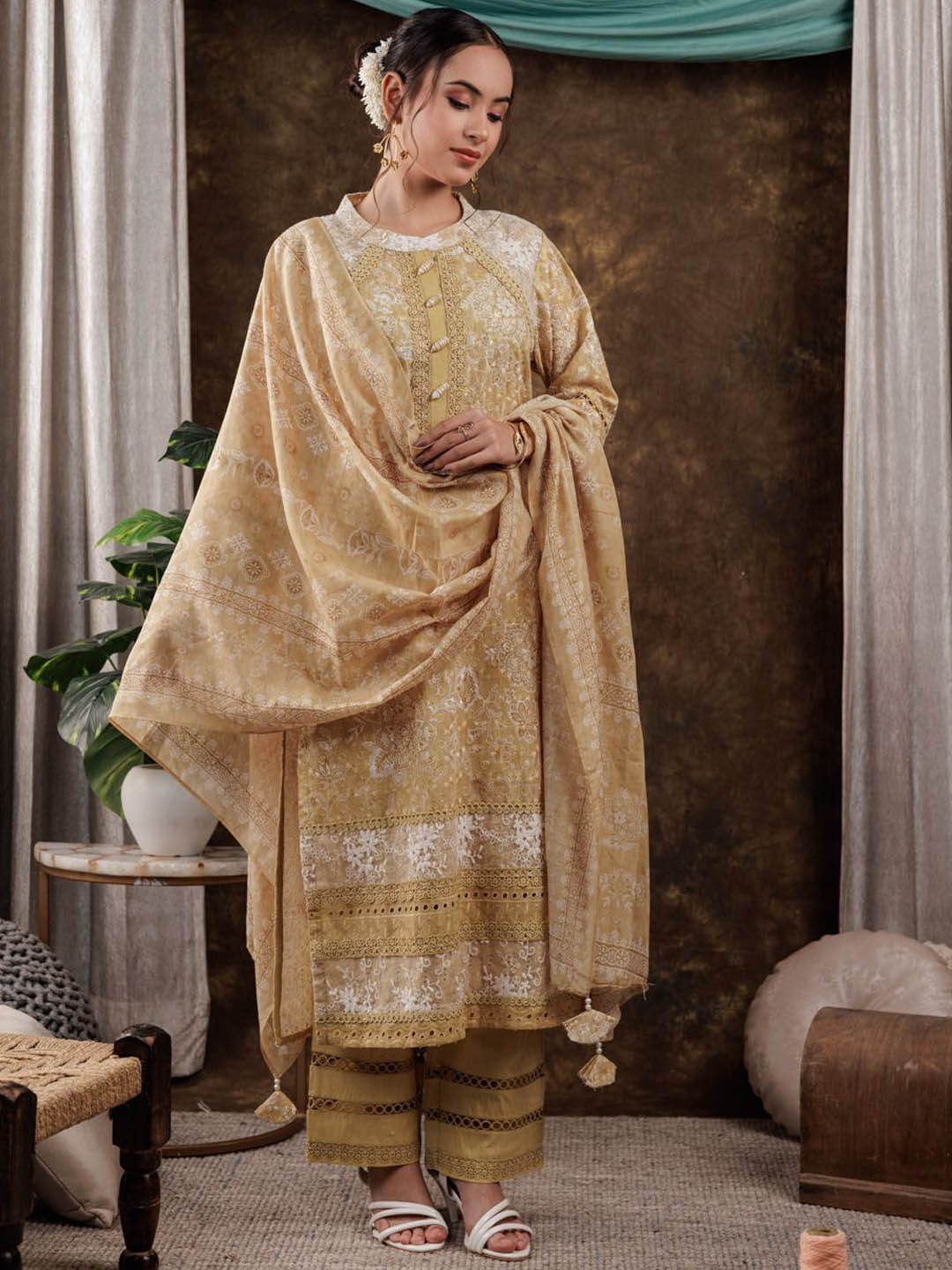 

Yufta Mustard Floral Embroidered schiffli Pure Cotton Kurta With Palazzos & Dupatta