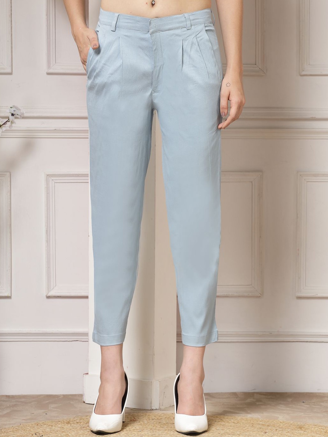 

Indibelle Women Straight Fit Pleated Trousers, Blue