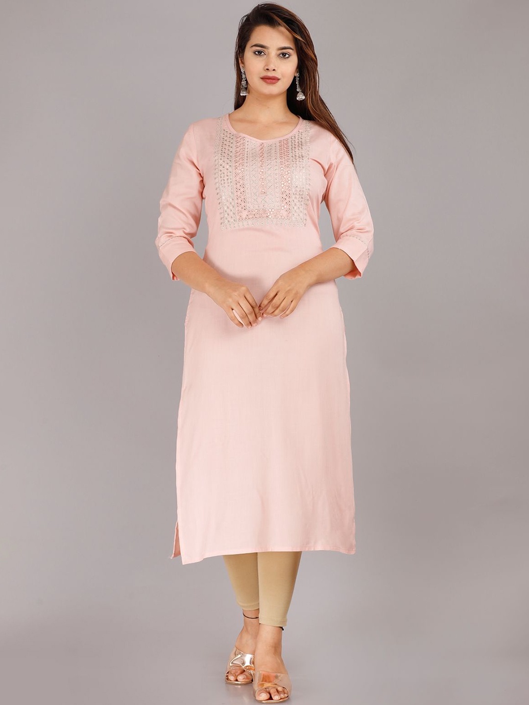 

Mehsoos Geometric Yoke Design Mirror Work Straight Kurta, Peach