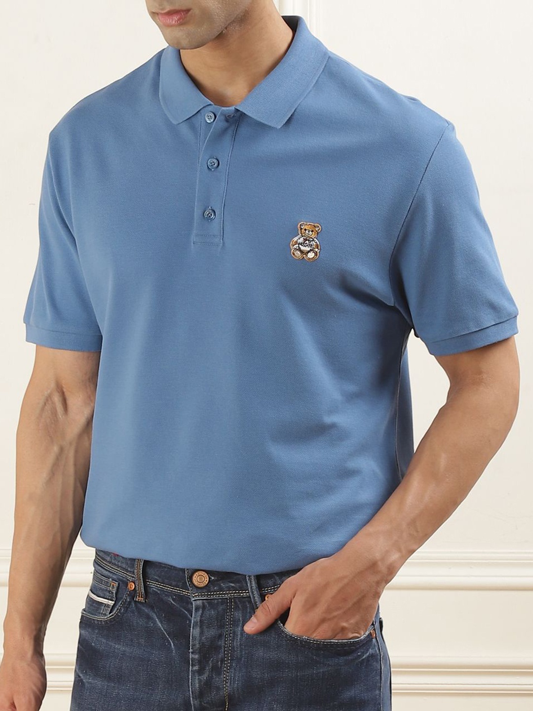 

MOSCHINO COUTURE Men Solid Polo Collar Cotton Slim Fit T-shirt, Blue