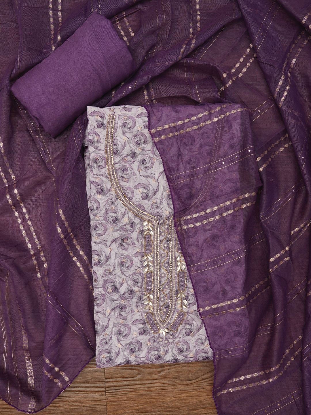 

Jaipur Kurti Purple Floral Embellished Beads and Stones Unstitched Dress Material, White