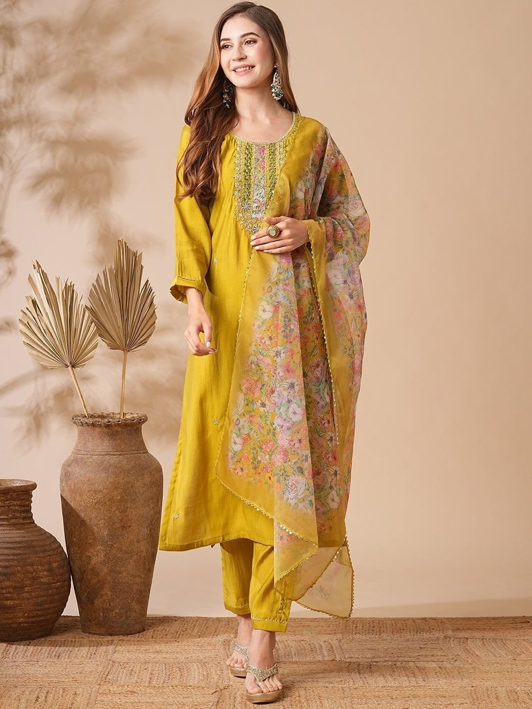 

KALINI Floral Embroidered Straight Kurta With Trousers & Dupatta, Mustard