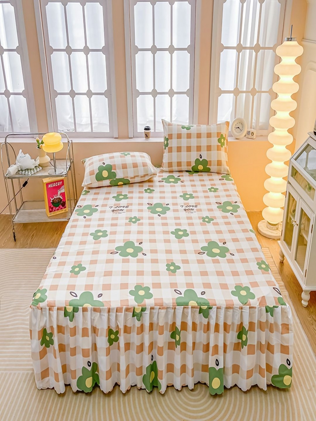 

JC HOME White & Green Floral Printed Fitted 150 TC Queen Bedsheet With 2 Pillow Covers