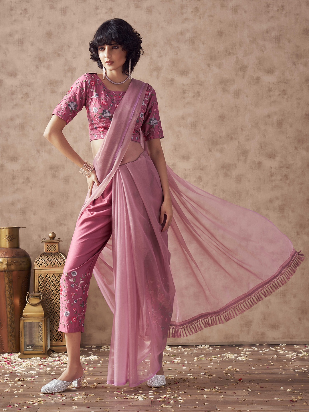 

Tikhi Imli Embroidered Pant Saree With Blouse, Pink