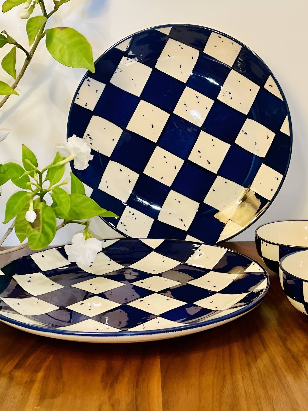 

BlackCarrot Blue & White 21 Pieces Checked Ceramic Dinner Set
