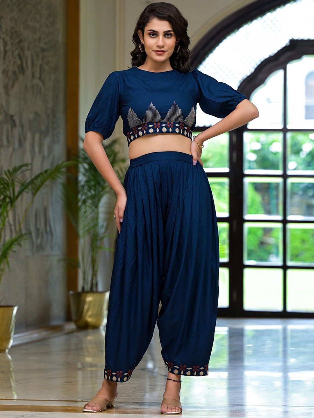 

Juniper Geometric Thread Embroidered Top With Dhoti Pant, Navy blue