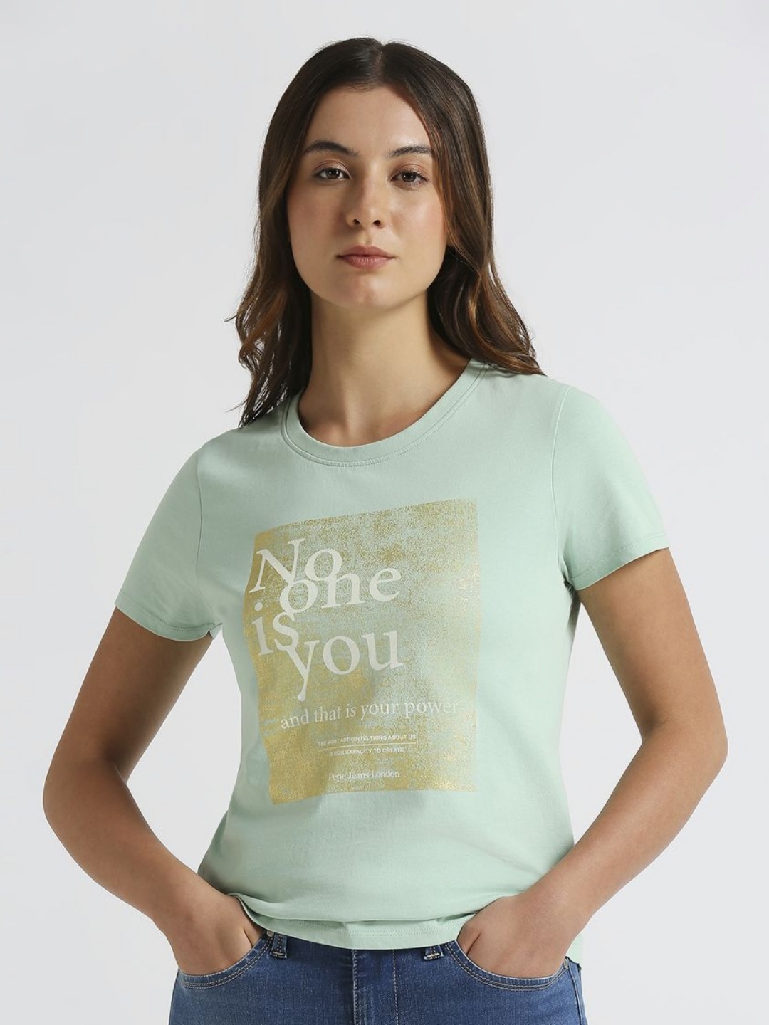 

Pepe Jeans Women Typography Printed Round Neck Pure Cotton T-shirt, Green