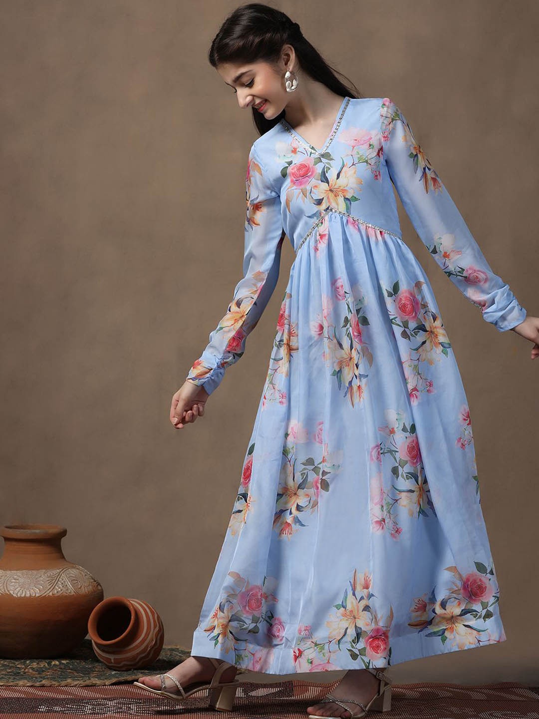 

FASHION DREAM Girls Floral Printed V-Neck Fit & Flare Maxi Ethnic Dresses, Blue