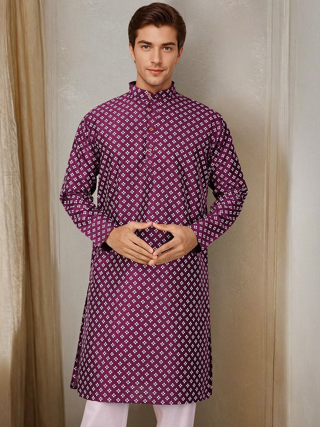 

Anouk Geometric Printed Mandarin Collar Regular Kurta With Pyjama, Purple