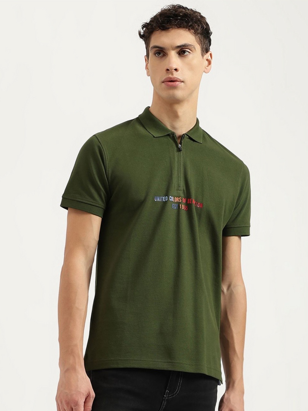 

United Colors of Benetton Men Typography Printed Polo Collar Pure Cotton T-shirt, Green